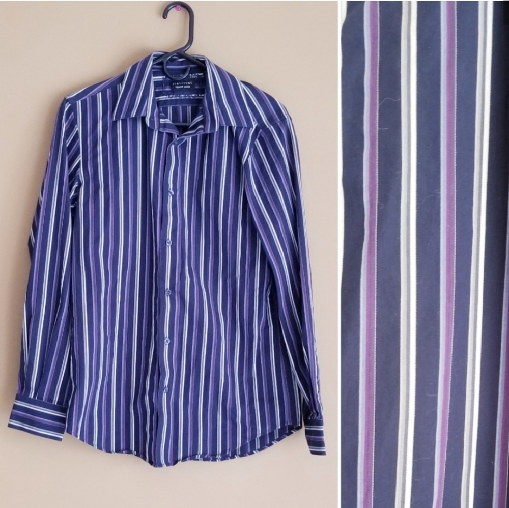 STRUCTURE Purple Navy Striped Dress Shirt